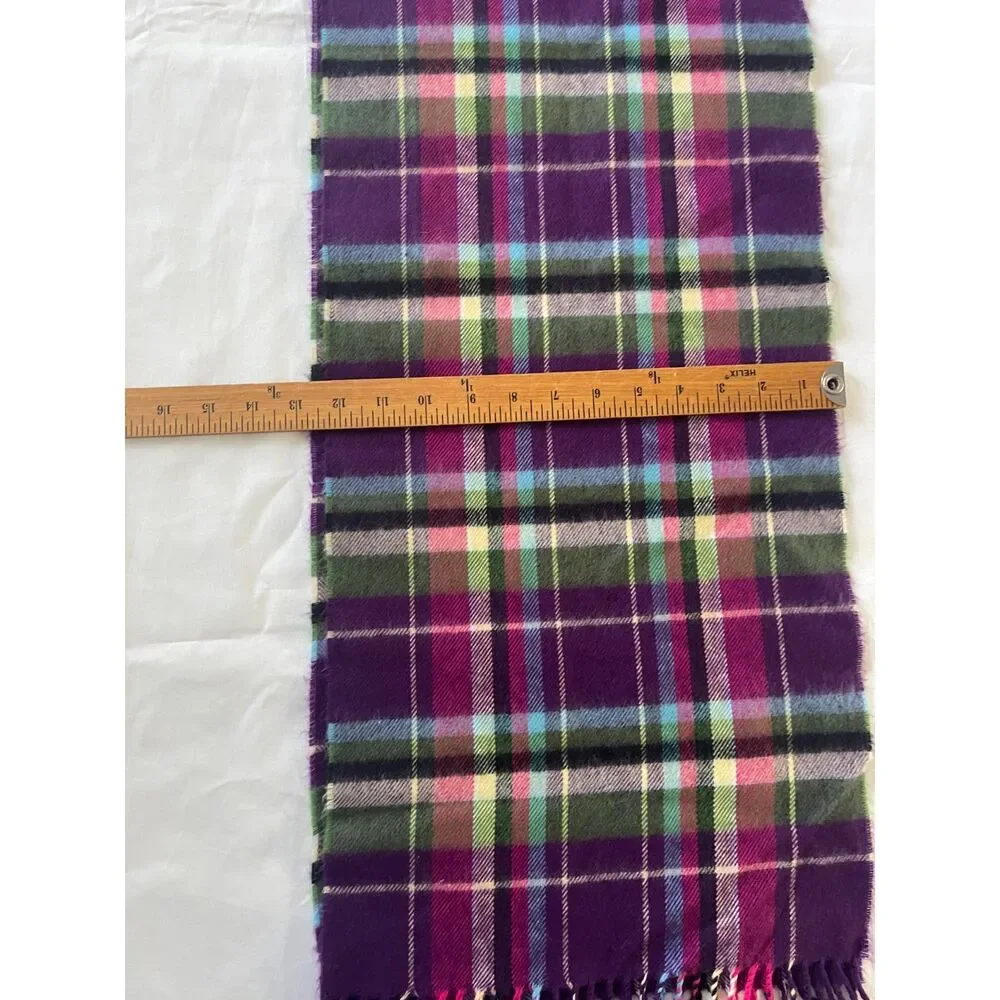 100% Cashmere Purple Plaid Scarf Made in Scotland Soft 35x12.5